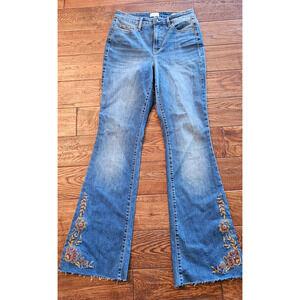 New Wonderly Embroidered Raw Hem Flare Leg Stretch Jeans Sz 8 28 x 32 High‎ Rise